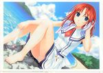  amanatsu ayase_mao barefoot beach blue_eyes cloud cross day feet ginta highres legs long_hair outdoors panties pantyshot pantyshot_(sitting) red_hair ribbon school_uniform sitting sky solo striped towel tree underwear water wet white_panties 