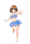  1girl barefoot bikini blue_bikini blue_eyes brown_hair commentary_request frilled_bikini frills hair_ornament highres leg_up looking_at_viewer lyrical_nanoha mahou_shoujo_lyrical_nanoha mahou_shoujo_lyrical_nanoha_a&#039;s navel open_mouth reaching_out short_hair simple_background smile solo standing standing_on_one_leg swimsuit white_background x_hair_ornament yagami_hayate yorousa_(yoroiusagi) 