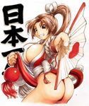  ass breasts brown_hair cleavage fan fatal_fury folding_fan grin huge_breasts ibukichi japanese_clothes long_hair ninja ponytail shiranui_mai smile solo sweat teeth the_king_of_fighters 