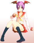  8055 feet flat_chest head_wings lilith_aensland neckerchief red_eyes red_sailor_collar red_skirt sailor_collar school_uniform short_hair sitting skirt smile socks solo undressing vampire_(game) yellow_neckwear 