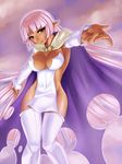  arcana_heart arcana_heart_2 armpits blush breasts cape cleavage cloud covered_nipples dark_elf dark_skin detached_sleeves elf head_tilt large_breasts long_hair no_bra no_panties ono_misao outstretched_arm outstretched_hand parace_l'sia pink_hair pointy_ears reaching red_eyes sky smile solo thigh_gap thighhighs torn_clothes very_long_hair white_legwear 
