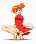  alternate_costume china_dress chinese_clothes dress geropper green_eyes hair_bobbles hair_ornament kasumi_(pokemon) panties pantyshot pantyshot_(squatting) pokemon sandals side_ponytail simple_background solo spread_legs squatting underwear white_background 