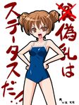  a_flat_chest_is_a_status_symbol aisaka_taiga alternate_hairstyle brown_eyes brown_hair competition_school_swimsuit double_bun fang hair_up hands_on_hips horiguchi_hiroshi one-piece_swimsuit solo swimsuit toradora! translated 