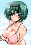  bikini blue_eyes blush breasts cleavage green_hair huge_breasts shinama short_hair solo swimsuit to_heart_2 yoshioka_chie 