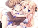  1girl blonde_hair blue_eyes brown_hair fang game_cg hug kanojo_tachi_no_ryuugi long_hair miyama-zero shirogane_akane short_hair togetsu_kotarou 