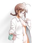  akizuki_ritsuko antenna_hair braid breasts brown_eyes brown_hair dress_shirt glasses idolmaster idolmaster_(classic) idolmaster_1 minazuki_tsuyuha naked_shirt open_clothes open_shirt out-of-frame_censoring shirt short_hair sideboob small_breasts solo 