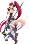  ass back bad_id bad_pixiv_id bikini_top breasts elbow_gloves fingerless_gloves gloves gun highres legs long_hair ohse ponytail red_hair rifle scarf short_shorts shorts sideboob small_breasts solo tengen_toppa_gurren_lagann thighhighs weapon yellow_eyes yoko_littner 