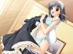  black_hair bra dutch_angle embarrassed game_cg lingerie maid open_clothes open_shirt panties pointy_ears red_eyes sage_(tick!_tack!) shirt short_hair shuffle! solo suzuhira_hiro thighhighs tick!_tack! underwear underwear_only undressing 