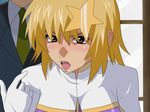  blonde_hair blush brown_eyes cagalli_yula_athha cosplay formal gloves gundam gundam_seed gundam_seed_destiny hair_ornament ip meer_campbell meer_campbell_(cosplay) necktie open_mouth pointing short_hair solo_focus star star_hair_ornament suit sweat 