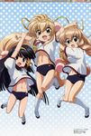  absurdres black_hair blonde_hair braid brown_eyes brown_hair buruma glasses gym_uniform hair_bobbles hair_ornament highres ishikawa_masakazu jumping kagami_kuro kneehighs kodomo_no_jikan kokonoe_rin long_hair medal megami multiple_girls navel official_art scan shoes socks twin_braids twintails usa_mimi uwabaki very_long_hair 