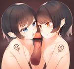  2girls bar_censor black_hair blue_eyes blush bob_cut breasts brown_eyes censored closed_mouth commentary_request eyebrows_visible_through_hair fellatio ffm_threesome group_sex hetero multiple_fellatio multiple_girls nipples nude open_mouth oral original otokuyou penis pointy_ears short_hair shoulder_tattoo small_breasts tattoo teamwork threesome tongue tongue_out 