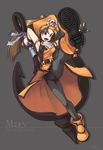  akiyama_nenehisa anchor bicorne brown_eyes brown_hair fingerless_gloves gloves guilty_gear hat long_hair may_(guilty_gear) orange_hat orange_shirt pantyhose pirate_hat shirt solo 