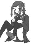  bow copyright_request greyscale monochrome panties pantyshot pantyshot_(sitting) school_uniform shichimenchou sitting solo thighhighs underwear 