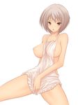  apron breasts copyright_request large_breasts naked_apron nipples red_eyes shima-shuu short_hair silver_hair solo 