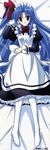  absurdres apron bed blue_hair blush bow dakimakura full_body goshuushou-sama_ninomiya-kun hairband highres houjou_reika long_hair lying maid non-web_source red_eyes solo thighhighs very_long_hair white_legwear 