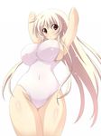  armpits arms_up breasts copyright_request curvy huge_breasts long_hair nanakorobi_yaoki navel one-piece_swimsuit red_eyes sideboob solo swimsuit very_long_hair 
