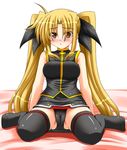  black_panties blonde_hair blush breasts cameltoe covered_nipples fate_testarossa hair_ribbon large_breasts lask long_hair lyrical_nanoha mahou_shoujo_lyrical_nanoha_strikers panties red_eyes ribbon solo thighhighs twintails underwear upskirt very_long_hair 
