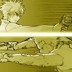  archer emiya_kiritsugu fate/stay_night fate_(series) lowres male_focus monochrome multiple_boys st_parasu yellow 