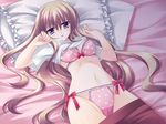  bed bra brown_hair game_cg jpeg_artifacts kisaragi_haya lingerie long_hair magic_a_ride non-web_source panties pillow pink_panties polka_dot polka_dot_panties purple_eyes rei_(rei's_room) ribbon shirt_lift solo underwear 