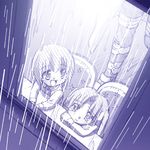  2girls archer fate/stay_night fate_(series) from_outside lowres matou_sakura monochrome multiple_girls purple rain st_parasu teardrop toosaka_rin window windowsill younger 