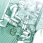  2girls ? archer child fate/stay_night fate_(series) green lowres matou_sakura monochrome multiple_girls st_parasu toosaka_rin younger 