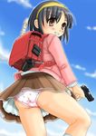  backpack bag black_hair cocked_hammer copyright_request food_print gun hairband handgun highres instrument lingerie onock panties pink_panties pistol print_panties randoseru recorder short_hair skirt skirt_lift solo strawberry_panties strawberry_print underwear upskirt weapon 