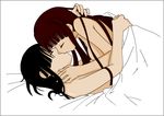  bed black_hair closed_eyes couple derivative_work kiss konoe_konoka long_hair mahou_sensei_negima! multiple_girls naked_sheet sakurazaki_setsuna yuri 