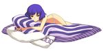  futon grin highres lying on_stomach panties purple_hair red_eyes short_hair smile solo topless touhou underwear underwear_only yasaka_kanako yu_65026 