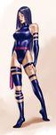  bare_shoulders breasts feet female full_body gradient gradient_background leotard lipstick long_hair makeup marvel mophat psylocke purple_hair sakakibara_mizuki sash skin_tight solo x-men 