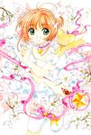  90s :d absurdres brown_hair cardcaptor_sakura choker clamp creature dress finger_to_mouth flower frills green_eyes highres hoshi_no_tsue kero kinomoto_sakura magical_girl official_art open_mouth petals pink_choker ribbon scan scan_artifacts short_hair short_sleeves short_twintails single_thighhigh smile standing standing_on_one_leg star star_choker thighhighs traditional_media twintails wand white_dress 