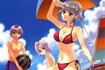  2girls arado_balanga beach bikini bikini_top blue_eyes bow braid breasts cleavage day error food fruit green_eyes hair_bow hair_ornament hairclip highres kuramoto_kaya large_breasts latooni_subota multiple_girls outdoors purple_hair seolla_schweizer short_hair shorts side-tie_bikini silver_hair super_robot_wars super_robot_wars_original_generation swimsuit watermelon 