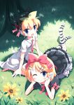  1girl barefoot blonde_hair blue_eyes brother_and_sister flower hair_ornament hair_ribbon hairclip headphones highres kagamine_len kagamine_rin lying morujii necktie on_stomach otoko_no_ko ribbon short_hair siblings sitting smile socks striped striped_legwear twins vocaloid 