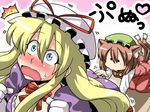  animal_ears blonde_hair blue_eyes blush brown_hair cat_ears cat_tail chen earrings hat highres jewelry long_hair multiple_girls multiple_tails poking short_hair surprised tail touhou tsuki_wani yakumo_yukari 