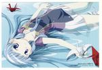  aoki_ume bangs blue_eyes blue_hair blunt_bangs highres kannagi long_hair looking_at_viewer lying nagi origami paper_crane parted_lips partially_submerged purple_eyes scan solo upside-down water 