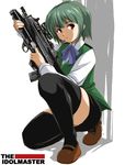  artist_request assault_rifle black_legwear bullpup fn_f2000 green_hair gun hairband idolmaster idolmaster_(classic) idolmaster_1 left-handed one_knee otonashi_kotori red_eyes rifle short_hair solo thighhighs weapon 