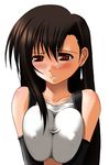  abu bare_shoulders black_hair blush breast_squeeze breasts covered_nipples elbow_gloves final_fantasy final_fantasy_vii gloves large_breasts long_hair solo suspenders tank_top tears tifa_lockhart 