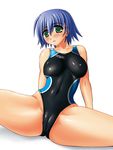  arms_behind_back bangs bb_(sapporo_youkan) blue_hair blush breasts cameltoe competition_swimsuit covered_nipples curvy embarrassed green_eyes hair_between_eyes head_tilt highleg highleg_swimsuit large_breasts one-piece_swimsuit open_mouth partially_visible_vulva reclining shadow shiny shiny_clothes short_hair simple_background sitting skin_tight solo speedo_(company) spread_legs swimsuit thick_thighs thighs to_heart_2 tonami_yuma white_background wide_hips 