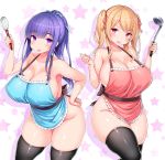  2girls apron bangs black_legwear black_ribbon blonde_hair blue_ribbon blush breasts cleavage collarbone commentary erect_nipples eyebrows_visible_through_hair hair_between_eyes hair_ornament hair_ribbon hand_on_hip hands_up holding large_breasts long_hair looking_at_viewer multiple_girls naked_apron no_panties open_mouth original plump ponytail puffy_nipples purple_eyes purple_hair red_eyes red_ribbon ribbon sideboob simple_background skindentation smile standing star starry_background sweatdrop thighhighs tsukumiya_amane twintails whisk 