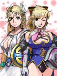  bandaid blonde_hair breasts cassandra_alexandra cleavage elbow_gloves gloves green_eyes large_breasts misonou_hirokichi multiple_girls necktie one_eye_closed pink_neckwear shield siblings sophitia_alexandra soulcalibur 