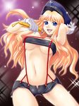  blonde_hair blue_eyes blush breasts cameltoe earrings gloves hat jewelry large_breasts long_hair macross macross_frontier microphone nipples peaked_cap sheryl_nome shorts smile solo underboob yaso_shigeru 