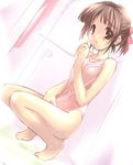  artist_request barefoot brown_eyes brown_hair duplicate flat_chest one-piece_swimsuit original ponytail ribbon showering solo squatting swimsuit wet 