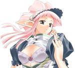  artist_request bra breasts ibara-hime jewelry large_breasts lingerie open_clothes otogi-juushi_akazukin pink_hair pointy_ears ring solo underwear 