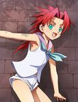  aqua_eyes aqua_neckwear armpits eris_willamette gear_senshi_dendou green_eyes hairband handkerchief haruyama_kazunori long_hair open_mouth panties panty_peek red_hair shirt short_shorts shorts sleeveless sleeveless_shirt smile solo underwear white_panties white_shirt white_shorts yellow_hairband 