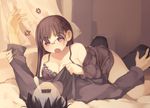  1girl :o ahoge angry arima_senne bed bottomless bra breast_press breasts brown_hair cleavage ghost girl_on_top giving_up_the_ghost glasses hair_ornament hairpin kashiwamochi_yomogi large_breasts lingerie long_hair lying original red_eyes sweat sweater tareme underwear 
