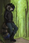  boots brown_eyes clothing fan_character footwear forest grass hoodie jeans male mammal marsminer outside pants procyonid raccoon solo trail tree 