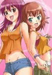  breasts denim denim_shorts holding_hands kaleido_star medium_breasts midriff multiple_girls naegino_sora nishiwaki open_mouth rosetta_passel shorts small_breasts 