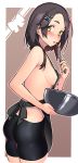  1girl :p almost_naked_apron apron ass bare_arms bare_shoulders bike_shorts black_apron black_hair black_shorts blush border bowl breasts brown_background chocolate commentary_request cowboy_shot forehead gradient_hair hair_ornament hairclip hand_up highres holding holding_bowl kantai_collection kuroshio_(kantai_collection) looking_at_viewer medium_breasts mixing_bowl multicolored_hair outline outside_border pink_hair red_hair short_hair short_shorts shorts sideboob simple_background smile solo standing streaked_hair taketora_suzume thighs tongue tongue_out white_border white_outline yellow_eyes 