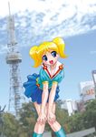  blonde_hair blue_eyes blush bubbles_(ppg) from_below hindenburg kneehighs leaning_forward looking_down older open_mouth powerpuff_girls short_hair skirt smile socks solo teenage twintails 