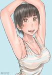  armpits ayumu_(zenkou) black_hair blue_background blush breasts brown_eyes cleavage covered_nipples dated large_breasts looking_at_viewer open_mouth original see-through short_hair simple_background smile solo striped tank_top taut_clothes zenkou 