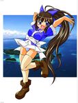  blue_eyes bow breasts brown_hair ichiyasu large_breasts long_hair nagasarete_airantou panties pantyshot ponytail skirt solo striped striped_panties suzu_(nagasarete_airantou) thighhighs underwear very_long_hair 